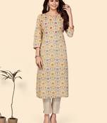 Printed & Hand Work Straight Cotton Cream Stitched Kurta