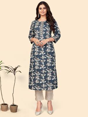 Print & Gota Patti Straight Cotton Dark Grey Stitched Kurta 1