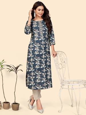 Print & Gota Patti Straight Cotton Dark Grey Stitched Kurta 2