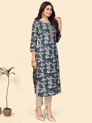 Print & Gota Patti Straight Cotton Dark Grey Stitched Kurta 5