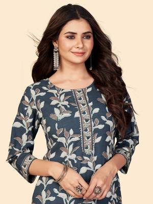 Print & Gota Patti Straight Cotton Dark Grey Stitched Kurta 6
