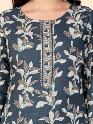 Print & Gota Patti Straight Cotton Dark Grey Stitched Kurta 7