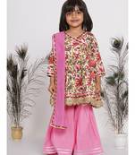 Cotton Printed Floral Angrakha Style Frock Kurta with Gunghroo and Tussel work - Sharara and Dupatta in Pink
