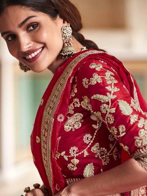 Red embroidered organza saree with blouse 2