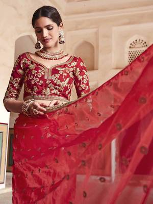 Red embroidered organza saree with blouse 3