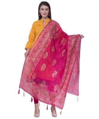 A R SILK Pahadi Print Rani Colour Silk Fancy Dupatta/Chunnis 1