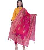 A R SILK Pahadi Print Rani Colour Silk Fancy Dupatta/Chunnis
