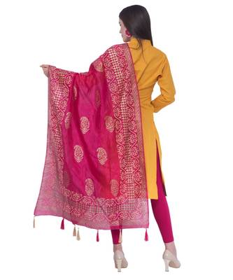A R SILK Pahadi Print Rani Colour Silk Fancy Dupatta/Chunnis 2