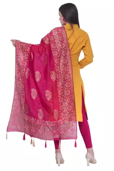 A R SILK Pahadi Print Rani Colour Silk Fancy Dupatta/Chunnis