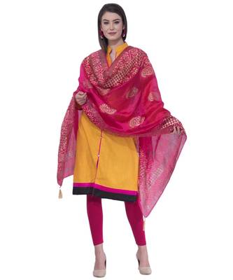 A R SILK Pahadi Print Rani Colour Silk Fancy Dupatta/Chunnis 4