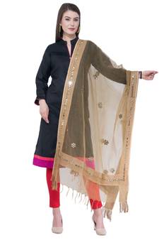 A R SILK Flower Mirror Golden Colour Organza Cotton Fancy Dupatta/Chunnis