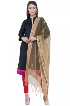 A R SILK Flower Mirror Golden Colour Organza Cotton Fancy Dupatta/Chunnis