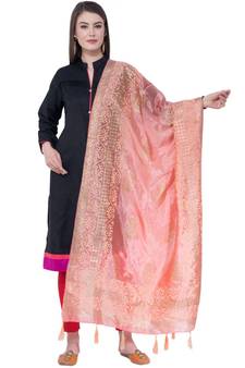 A R SILK Pahadi Print Peach Colour Silk Fancy Dupatta/Chunnis