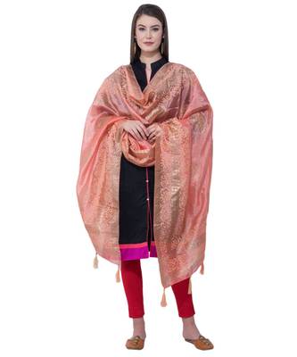 A R SILK Pahadi Print Peach Colour Silk Fancy Dupatta/Chunnis 4