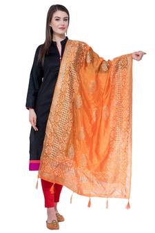 A R SILK Pahadi Print Orange Colour Silk Fancy Dupatta/Chunnis