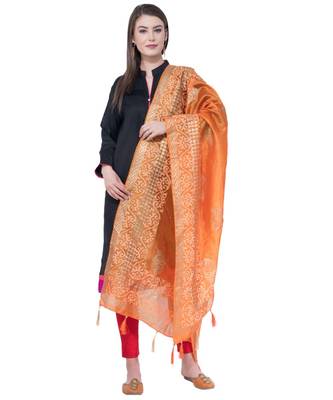 A R SILK Pahadi Print Orange Colour Silk Fancy Dupatta/Chunnis 3