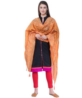 A R SILK Pahadi Print Orange Colour Silk Fancy Dupatta/Chunnis 4