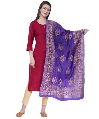 A R SILK Gold Block Print Purple Colour Chanderi Fancy Dupattas/Chunnis 1