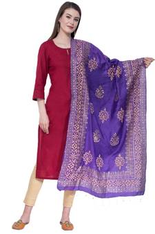 A R SILK Gold Block Print Purple Colour Chanderi Fancy Dupattas/Chunnis