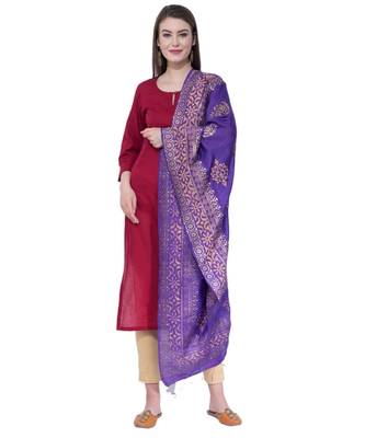 A R SILK Gold Block Print Purple Colour Chanderi Fancy Dupattas/Chunnis 3
