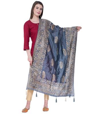 A R SILK Gold Block Print Dark Grey Colour Chanderi Fancy Dupattas/Chunnis 1