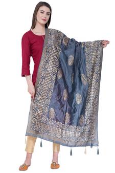 A R SILK Gold Block Print Dark Grey Colour Chanderi Fancy Dupattas/Chunnis