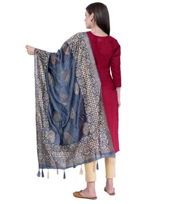 A R SILK Gold Block Print Dark Grey Colour Chanderi Fancy Dupattas/Chunnis 2