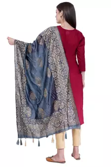 A R SILK Gold Block Print Dark Grey Colour Chanderi Fancy Dupattas/Chunnis