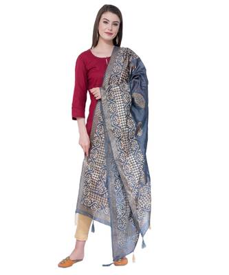 A R SILK Gold Block Print Dark Grey Colour Chanderi Fancy Dupattas/Chunnis 3