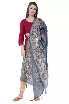 A R SILK Gold Block Print Dark Grey Colour Chanderi Fancy Dupattas/Chunnis