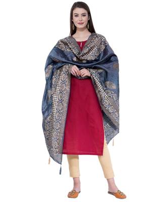 A R SILK Gold Block Print Dark Grey Colour Chanderi Fancy Dupattas/Chunnis 4