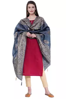 A R SILK Gold Block Print Dark Grey Colour Chanderi Fancy Dupattas/Chunnis