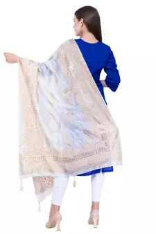 A R SILK Pahadi Print White Colour Silk Fancy Dupatta/Chunnis