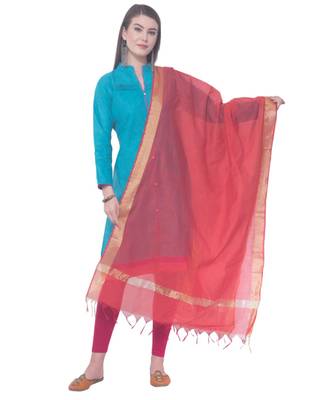 A R SILK Golden Chaura Patta Red Colour Chanderi Cotton Regular Dupattas/Chunnis 1