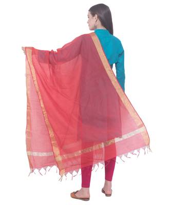 A R SILK Golden Chaura Patta Red Colour Chanderi Cotton Regular Dupattas/Chunnis 2