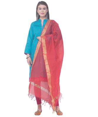 A R SILK Golden Chaura Patta Red Colour Chanderi Cotton Regular Dupattas/Chunnis 3