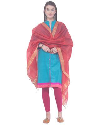 A R SILK Golden Chaura Patta Red Colour Chanderi Cotton Regular Dupattas/Chunnis 4