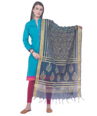 A R SILK Block Print Navy Blue Colour Chanderi cotton Regular Dupattas/Chunnis 1