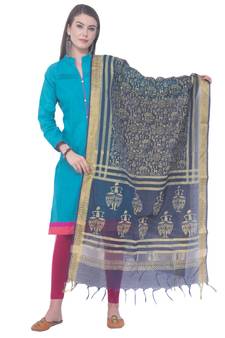 A R SILK Block Print Navy Blue Colour Chanderi cotton Regular Dupattas/Chunnis