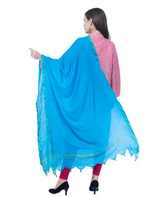 A R SILK Golden Border Dark Firozi Colour Cotton Regular Dupattas/Chunnis 2