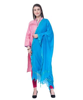 A R SILK Golden Border Dark Firozi Colour Cotton Regular Dupattas/Chunnis 4