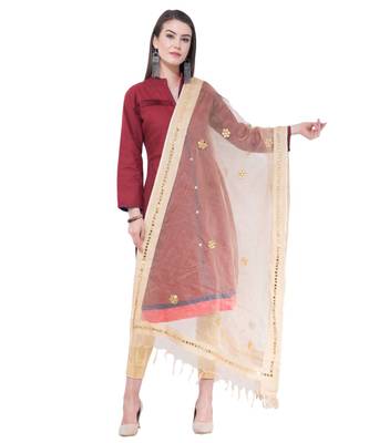 A R SILK Flower Mirror Golden Colour Orgenza cotton Regular Dupatta/Chunnis 1
