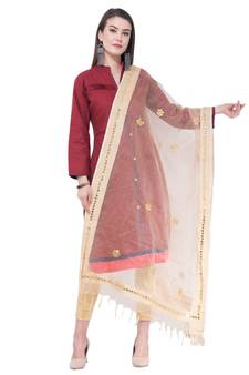 A R SILK Flower Mirror Golden Colour Orgenza cotton Regular Dupatta/Chunnis