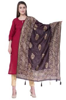 A R SILK Pahadi Print Black Colour Silk Fancy Dupatta/Chunnis