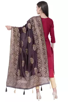 A R SILK Pahadi Print Black Colour Silk Fancy Dupatta/Chunnis