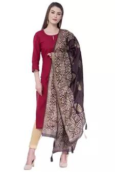 A R SILK Pahadi Print Black Colour Silk Fancy Dupatta/Chunnis