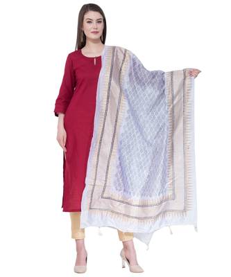 A R Silk Gold Print White Colour Silk Regular Dupatta/Chunnis 1