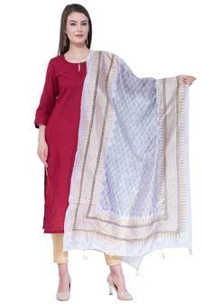 A R Silk Gold Print White Colour Silk Regular Dupatta/Chunnis