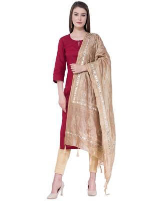 A R Silk Embroidery With Gold Print Golden Colour Silk Fancy Dupatta/Chunnis 5