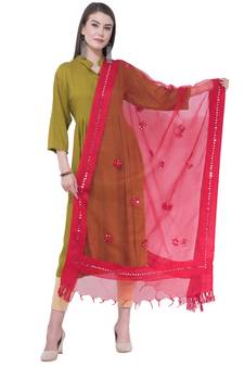 A R Silk Mirror Work Red Colour Orgenza Cotton Fancy Dupatta/Chunnis